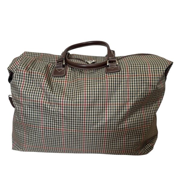 Diane von Furstenberg Large Plaid Weekender Tote Bag 20" Brown Green Red - Picture 2 of 13